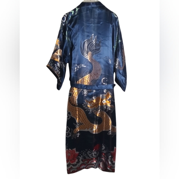 Dragon Print Duster Kimono Robe Tie Waist Longline Jacket Boho Oriental Style XL - Picture 9 of 10